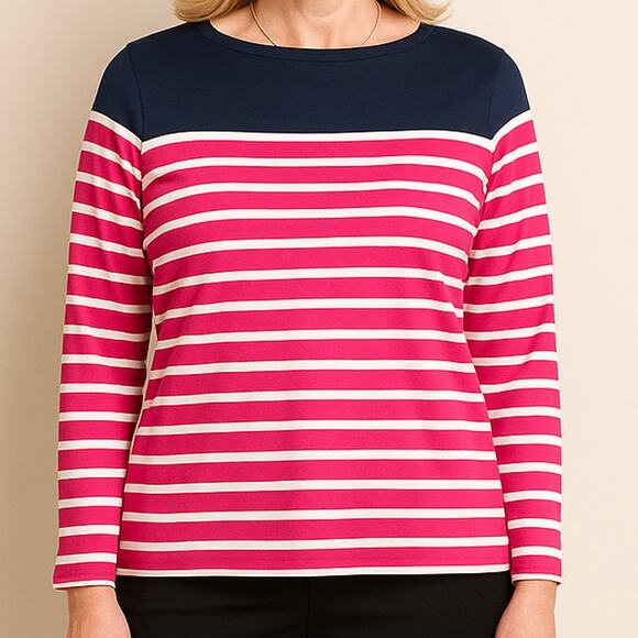 Talbots Cotton Striped Boatneck Top Medium Navy Pink White - Picture 3 of 6